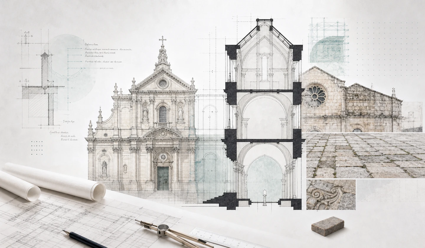 Disegno tecnico di facciata, sezione e pavimentazione storica