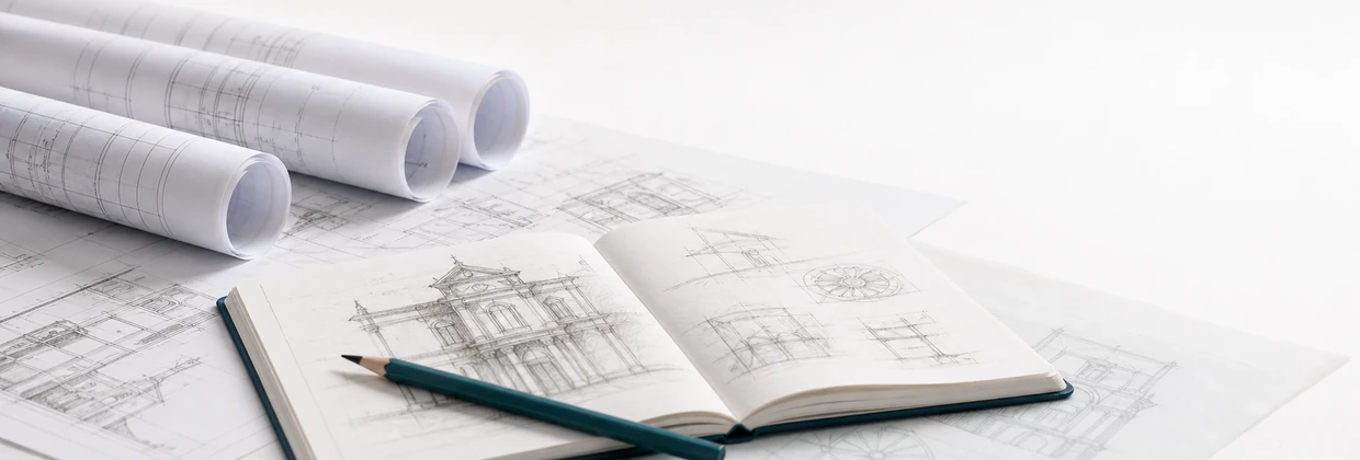 Tavolo con disegni tecnici, rotoli di carta e taccuino